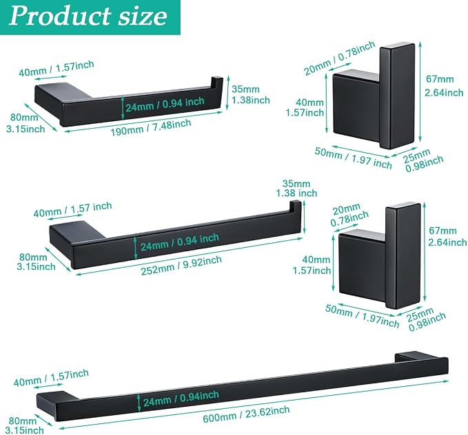 5-Pieces Matte Black Bathroom Accessories Set, Stainless Steel Bathroom Hardware Set, 23.6 Inch Bath Towel Bar Set, Towel Hooks,Towel Racks for Bathroom Wall Mounted,SE96009S-5MB
