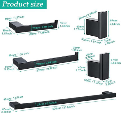 5-Pieces Matte Black Bathroom Accessories Set, Stainless Steel Bathroom Hardware Set, 23.6 Inch Bath Towel Bar Set, Towel Hooks,Towel Racks for Bathroom Wall Mounted,SE96009S-5MB