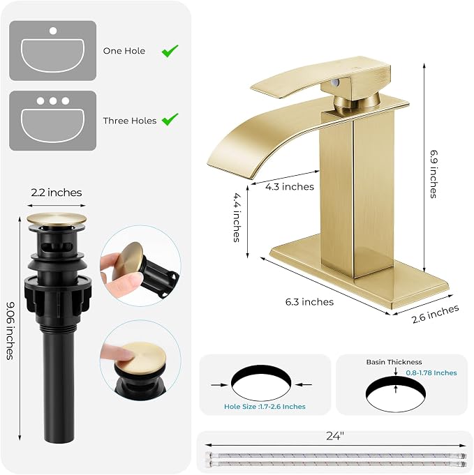 Brushed Gold Bathroom Faucet with Waterfall Spout and Pop-up Drain | SUS 304 Stainless Steel, Single Handle, 1 Or 3 Hole Sink, RV Vanity, Deck Plate, Supply Hoses, NSF372 NSF61 cUPC