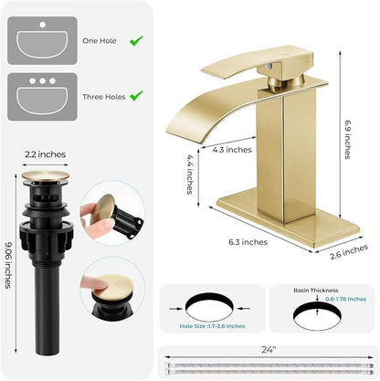 Brushed Gold Bathroom Faucet with Waterfall Spout and Pop-up Drain | SUS 304 Stainless Steel, Single Handle, 1 Or 3 Hole Sink, RV Vanity, Deck Plate, Supply Hoses, NSF372 NSF61 cUPC