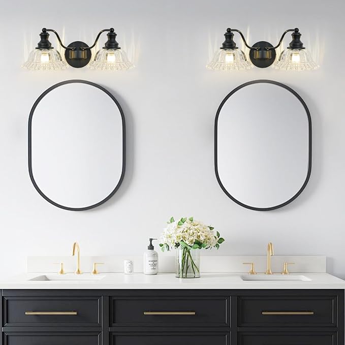 Black Bathroom Light Fixtures Over Mirror, 2 Light Vintage Bathroom Vanity Light Fixture with Clear Flower Glass Shades, Retro Vanity Lights for Bathroom, Bathroom Vanity Lights Over Mirror