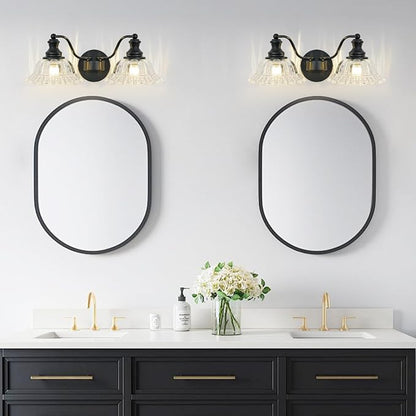 Black Bathroom Light Fixtures Over Mirror, 2 Light Vintage Bathroom Vanity Light Fixture with Clear Flower Glass Shades, Retro Vanity Lights for Bathroom, Bathroom Vanity Lights Over Mirror