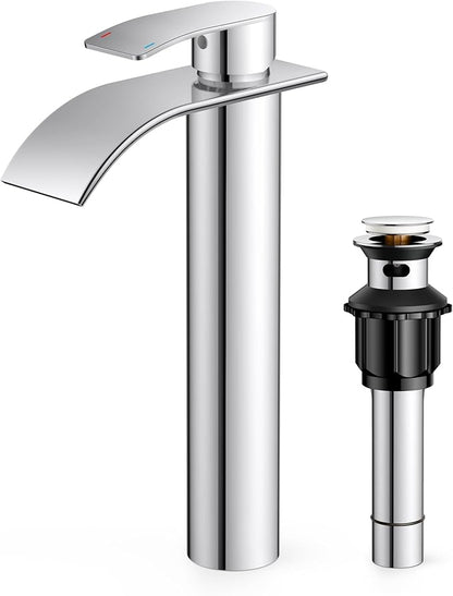 FORIOUS Waterfall Bathroom Vessel Sink Faucets with Metal Pop up Drain and Lead-Free cUPC Hose, Chrome Single Handle Tall Bathroom Faucet 1 Hole, 11inch for Bath,Vessel