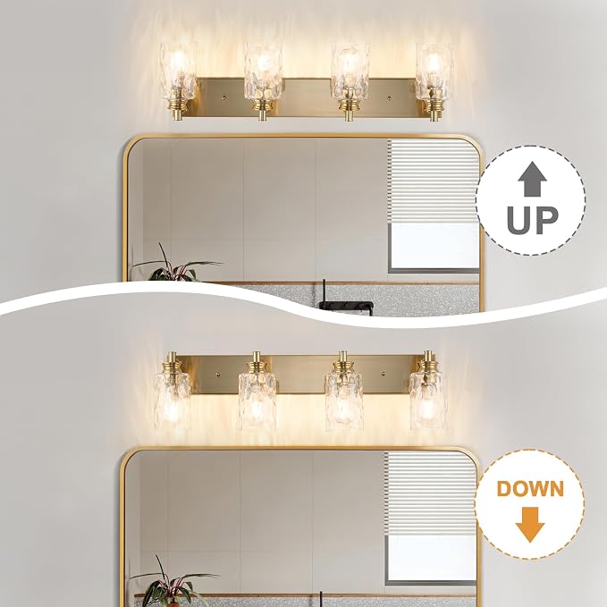 4 Light Bathroom Vanity Light Modern Brushed Gold Bathroom Light Fixtures Over Mirror with Hammered Glass Lampshade for Kitchen Hallway