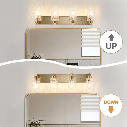 4 Light Bathroom Vanity Light Modern Brushed Gold Bathroom Light Fixtures Over Mirror with Hammered Glass Lampshade for Kitchen Hallway