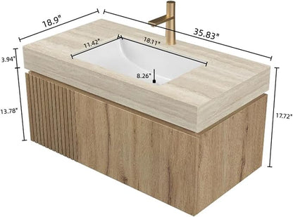36" Bathroom Vanity with Sink, Wall-Mounted Plywood Bathroom Storage Cabinet with Ceramic Basin & Sintered Stone Countertop, Modern Pre-Assembled Floating Vanity with Drawer & Door, Oak