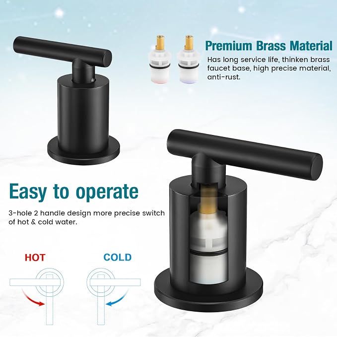 Matte Black Bathroom Faucet 3 Hole, 8 Inch Widespread, 2 Handle Bathroom Sink Faucet, Modern Vanity Faucet for Bathroom Sink with 360° Swivel Spout