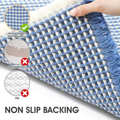 Extra Large Waffle Bath Mat Blue & Cream 6'x2', Boho Woven Modern Bath Mat Rugs, Absorbent Non Slip Bathroom Rugs, Soft Washable Bath Rugs with Tassels for Bathroom, Bedroom, Kitchen, Shower, Tub