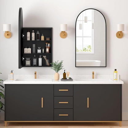 Medicine Cabinets for Bathroom, Black Arched Medicine Cabinet Recessed or Surface Wall-Mounted,Modern Bathroom Vanity Mirror with Storage, Mirrored Cabinet with Adjustable Shelves,16x31 Inch