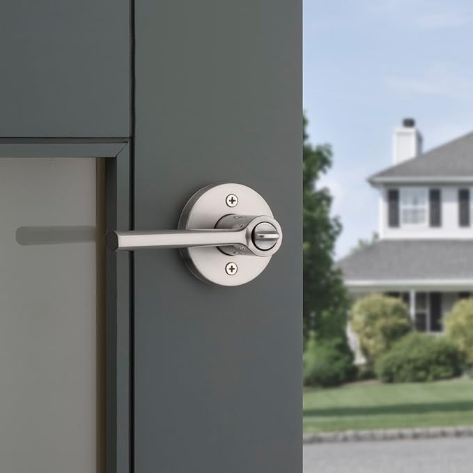 Kwikset Lisbon Round Entry Door Knob with Lock and Key, Secure Keyed Handle Exterior, Front Entrance and Bedroom, Satin Nickel, Pick Resistant SmartKey Rekey Security and Microban