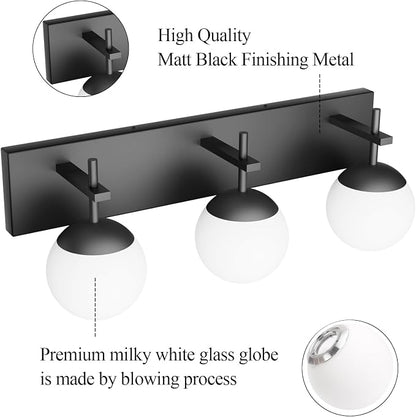 Ralbay Matte Black Bathroom Vanity Light - 3-Light Mid Century Modern Black Bathroom Lights Fixtures with Milky Glass Globe