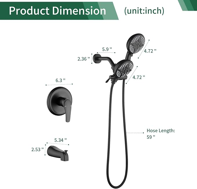Shower Faucet Set with Tub Spout Tub and Shower Faucet Set Complete Dual Shower Head and Handheld Combo 2 in 1 Shower System with Tub Spout Tub and Shower Trim Kit Matte Black L829-7