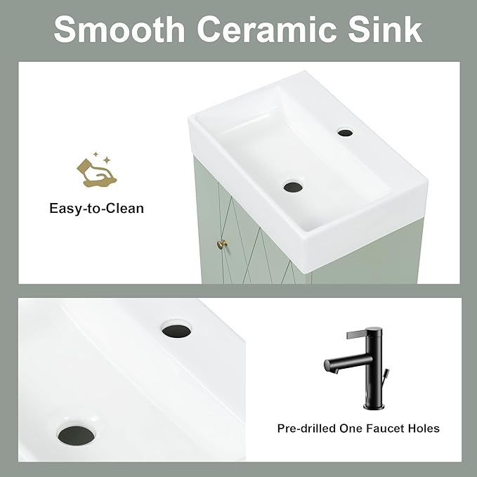 20" Floating Bathroom Vanity with Sink, Soft Closing Door,and Storage Shelves, Solid Wood Frame & MDF Modern Single Small Bathroom Vanity Cabinet with Open Shelf,Wall Mounted (Green)