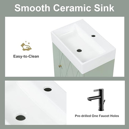 20" Floating Bathroom Vanity with Sink, Soft Closing Door,and Storage Shelves, Solid Wood Frame & MDF Modern Single Small Bathroom Vanity Cabinet with Open Shelf,Wall Mounted (Green)