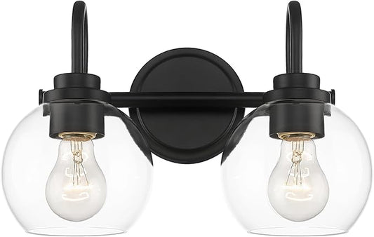 2-Light Bathroom Vanity Light Over Mirror, Matte Black Vanity Light with Clear Glass Shade, Bathroom Light Fixtures Wall Mount for Powder Room Bath, AD-22280-2W-BK