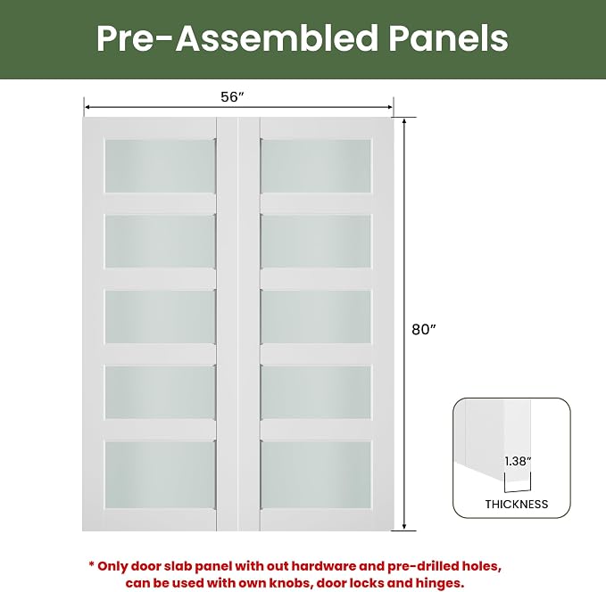 SMARTSTANDARD 56" x 80" Frosted Glass Pantry Door, Solid Core Slab Door | Pre-Assembled 5-Panel without Hardware, French Interior Door for Pantry Pocket, White Primed