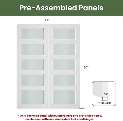 SMARTSTANDARD 56" x 80" Frosted Glass Pantry Door, Solid Core Slab Door | Pre-Assembled 5-Panel without Hardware, French Interior Door for Pantry Pocket, White Primed