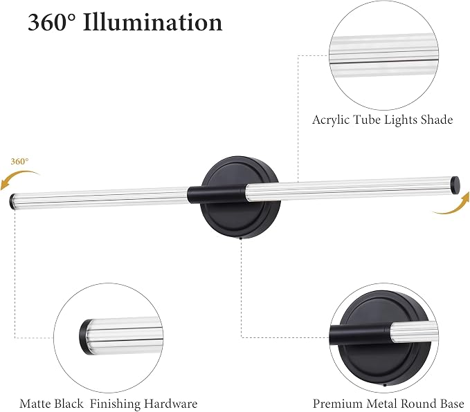 URSOLA 32" Modern LED Bathroom Light Fixtures, Matte Black 3CCT Dimmable Bathroom Vanity Light Over Mirror, Bathroom Vanity Bath Bar Lights with 360° Removable Acrylic Light Tube