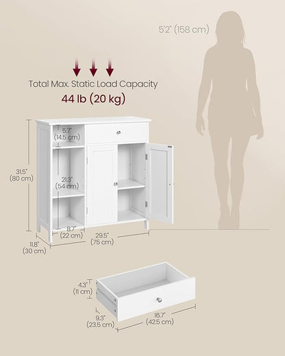 VASAGLE Floor Storage Cabinet with Drawer, Freestanding Cabinet with Doors, 3 Open Compartments, Adjustable Shelves, 11.8 x 29.5 x 31.5 Inches, for Bathroom, Living Room, Cloud White UBBC142W01