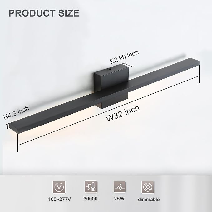 Bathroom Light Fixtures Over Mirror, 32 Inch Black Bathroom Vanity Light, LED Modern Wall Sconce 3000K Bar Vanity Lights for Restroom