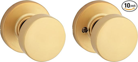 Kwikset Pismo Interior Passage Door Knob, Handle for Closet and Hallway Doors, Non-Locking Doorknob, Satin Brass, Round, Microban Protection (Pack of 10)