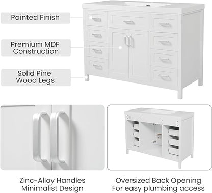 Harper & Bright Designs 48" Bathroom Vanity Set with Sink, Free Standing Single Basin Vanity Set with 2 Soft-Close Doors and 8 Drawers, Wood Storage Cabinet with Resin Basin for Bathroom, White
