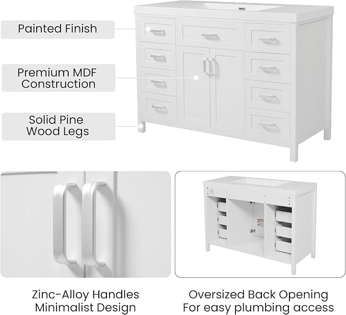48" Single Bathroom Vanity with Sink Combo, Modern Bathroom Sink Cabinet with 2 Soft Closing Doors and 8 Drawers, Wood Vanity Set with Resin Basin, Freestanding, White