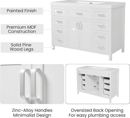 48" Single Bathroom Vanity with Sink Combo, Modern Bathroom Sink Cabinet with 2 Soft Closing Doors and 8 Drawers, Wood Vanity Set with Resin Basin, Freestanding, White