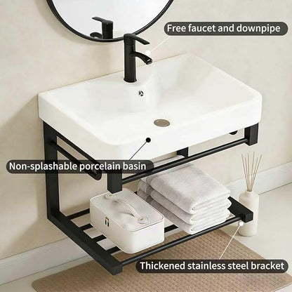 Floating wall-Mounted Bathroom 17-inch Vanity with Ceramic washbasin, Open Shelf, and Black mini Small Bathroom Vanity