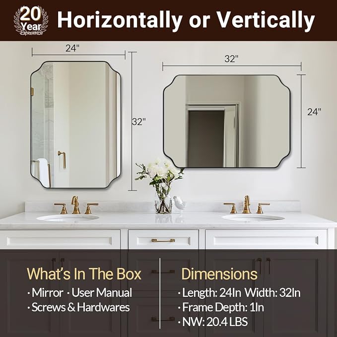 Brushed Bronze Scalloped Mirror, 24"x32" Bathroom Vanity Mirror, Unique Rectangular Bathroom Mirror with Stainless Steel Metal Framed, Wall Mounted Decorative Mirror (Horizontal/Vertical)