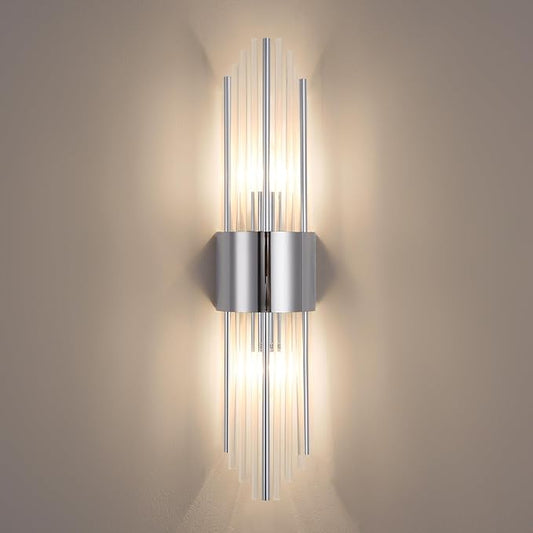 Modern Crystal Wall Sconce, Chrome Finish Wall Sconce, Made of Stainless Steel and Crystal Strip, 21.3 x 4.7 x 2.4 Inches, with 2 E12 Light Sources, Hardwired, Non-Rechargeable