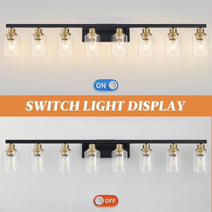 8-Light Bathroom Light Fixture Black and Gold Vanity Lights,52" | Vanity Lights for Bathroom,Clear Glass Shade,over Mirror,Modern Wall Sconces Farmhous Wall Mounted for Bathroom,E26 Base