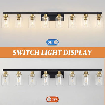 8-Light Bathroom Light Fixture Black and Gold Vanity Lights,52" | Vanity Lights for Bathroom,Clear Glass Shade,over Mirror,Modern Wall Sconces Farmhous Wall Mounted for Bathroom,E26 Base