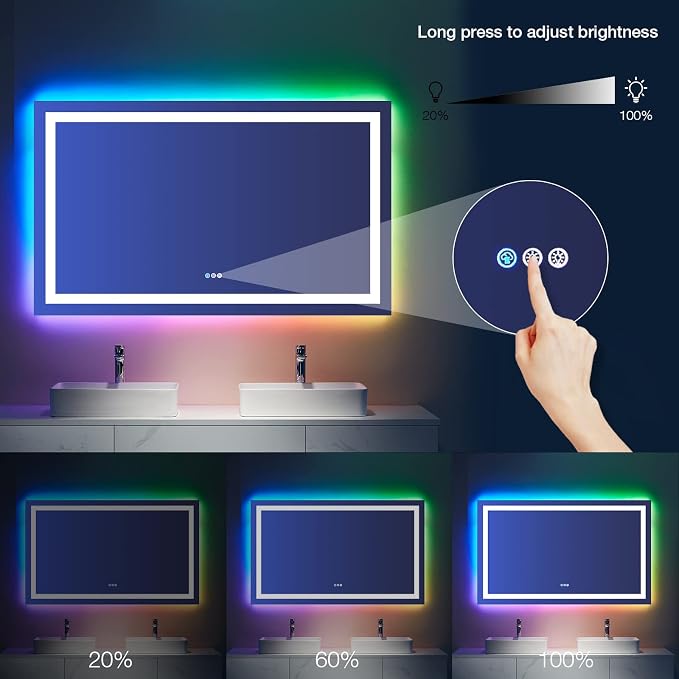 LOAAO 32"X36" RGB LED Bathroom Mirror with Lights, UL Listed | Anti-Fog, Dimmable, RGB Backlit + Front Lighted, Memory Function, Tempered Glass
