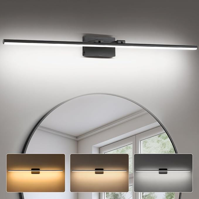 LED Bathroom Vanity Light, Modern Bathroom Light Fixture Over Mirror (3000K/4000K/6000K, Dimmable), Vanity Light Bar with Angle Adjustable, 48 Inch, Black