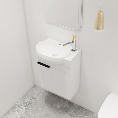 Malwee 16" Floating Bathroom Vanity, 16 Inch Single Sink Wall Mounted Bathroom Vanity, with 1 Door and White Ceramic Sink Top for Small Space, Modern Wall Hung Cabinet Storage (029-16GWH)