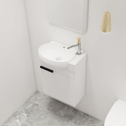 Malwee 16" Floating Bathroom Vanity, 16 Inch Single Sink Wall Mounted Bathroom Vanity, with 1 Door and White Ceramic Sink Top for Small Space, Modern Wall Hung Cabinet Storage (029-16GWH)