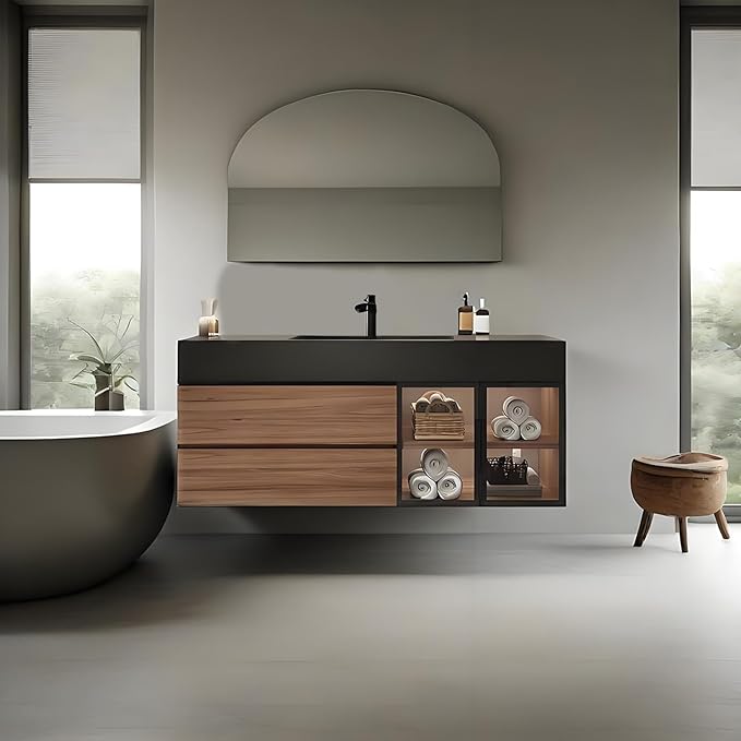 Floating Bathroom Vanity with Sink, Wall Mounted Cabinet with Seamless Integrated Basin, Walnut Color, Solid Wood Bathroom Cabinet, Pre-Assembly, Multiple Scenes (39.4in)