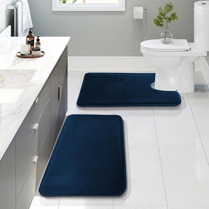 Clara Clark 2 Piece Bathroom Rugs, Velvet Memory Foam Bath Mat Set, Non-Slip Bath Rugs, Machine Wash, Dries Quickly, Ultra Soft Plush Bath Mats for Bathroom, 20 x 32 + Contour, Blue