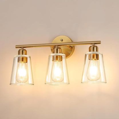 TALOYA 19 Inch Brushed Gold Bathroom Light Fixtures with Thickend Clear Tapered Glass Shade, 3-Light Modern Vanity Light Over Mirror for Bathrooms, Bedrooms (Bulbs Not Included)