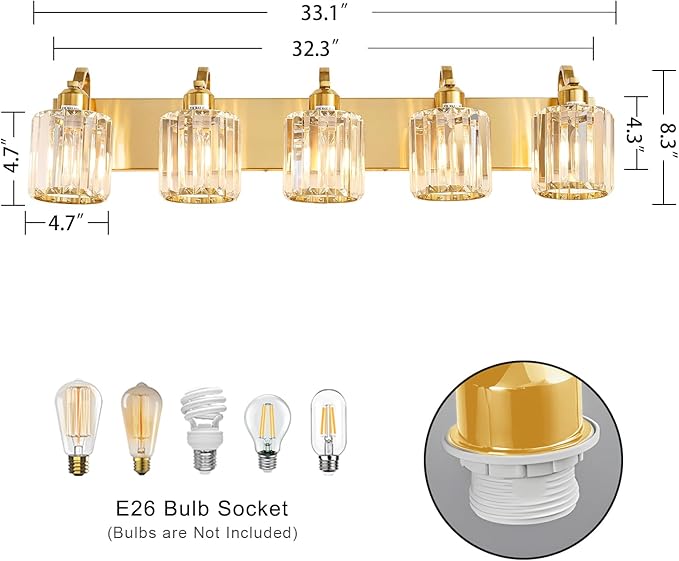 Modern Crystal Bathroom Vanity Light 5 Lights Crooked Gold Vanity Lighting Over Mirror Bathroom Wall Lighting Fixtures with Round Shade (Exclude Bulb)