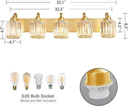 Modern Crystal Bathroom Vanity Light 5 Lights Crooked Gold Vanity Lighting Over Mirror Bathroom Wall Lighting Fixtures with Round Shade (Exclude Bulb)