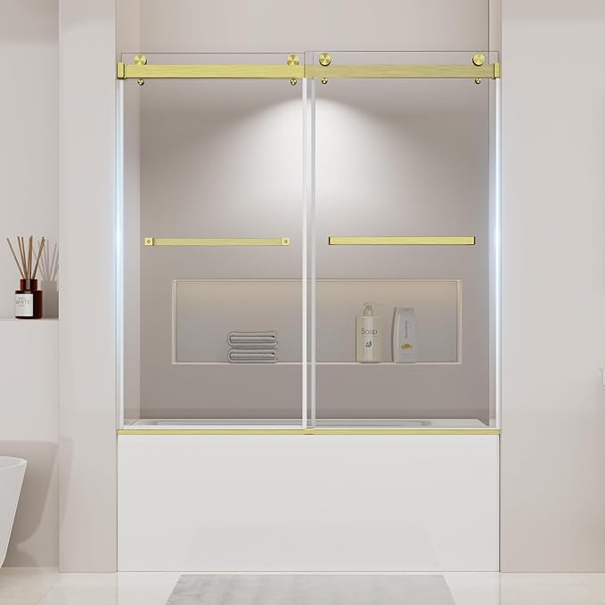 Frameless Shower Door, Frameless Sliding Bathtub Shower Door 60" W x 60" H, 1/4" (6mm) Clear Tempered Glass Tub Shower Door, Glass Shower Door with Full Stainless Steel Hardware, Gold