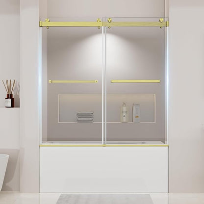 Frameless Shower Door, Frameless Sliding Bathtub Shower Door 60" W x 60" H, 1/4" (6mm) Clear Tempered Glass Tub Shower Door, Glass Shower Door with Full Stainless Steel Hardware, Gold