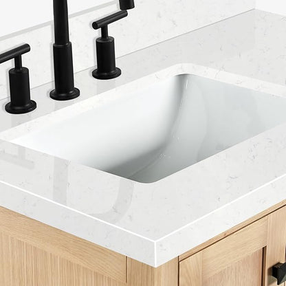 ARIEL 36 inch Bathroom Vanity top with Sink, 1.5 Inch Thick Miter Edge Carrara White Quartz top, Left Offset Vanity top with Rectangle Porcelain Sink, Includes Backsplash