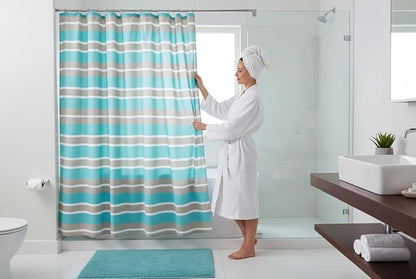 Serafina Home Striped Fabric Shower Curtain, Aqua Brown White Coastal Design, 70 x 72 Inches, with Hooks