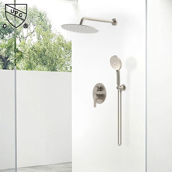 Shower Faucet Set 12IN Brass Rough-In Valve Body Trim Kit Rainfall Included Handle Accessories Complete 2 Functions with Rain Head and Handheld Bathroom Systems (12'', Brushed Nickel)