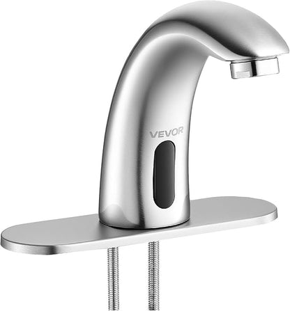 VEVOR Touchless Bathroom Sink Faucet, Automatic Motion Sensor Restroom Toilet Faucet with Hole Cover Plate, Battery Operated,Adjustable Temp for 9/16 in Pipe Commercial Lavatory,Brushed Nickel Silver