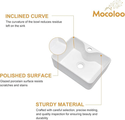 Mocoloo 16 Inch Rectangle Vessel Bathroom Sink with Faucet Hole 16"x12" White Ceramic Bathroom Sinks Above Counter Porcelain Hand Basin for Lavatory Room Rectangular Vanity Top Sink