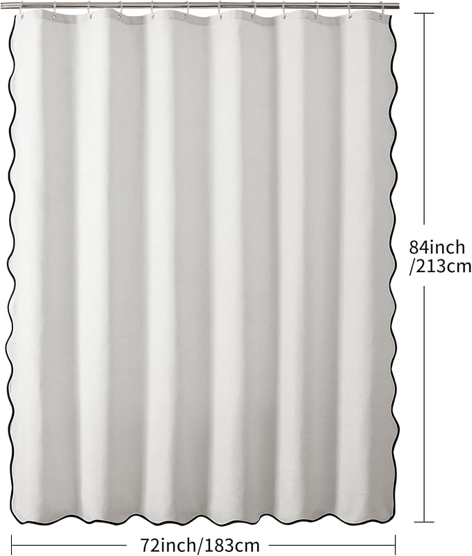 Linen Scallop Shower Curtain with 12 Clear Hooks, Waterproof, 72x84, White | Cute Washable Heavy Duty Thick Fabric with Black Border, Neutral Modern Farmhouse Boho Décor